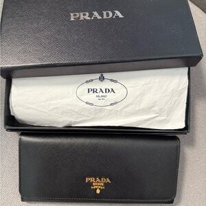 Prada Black Saffiano Leather Long Continental Wallet with Gold Logo